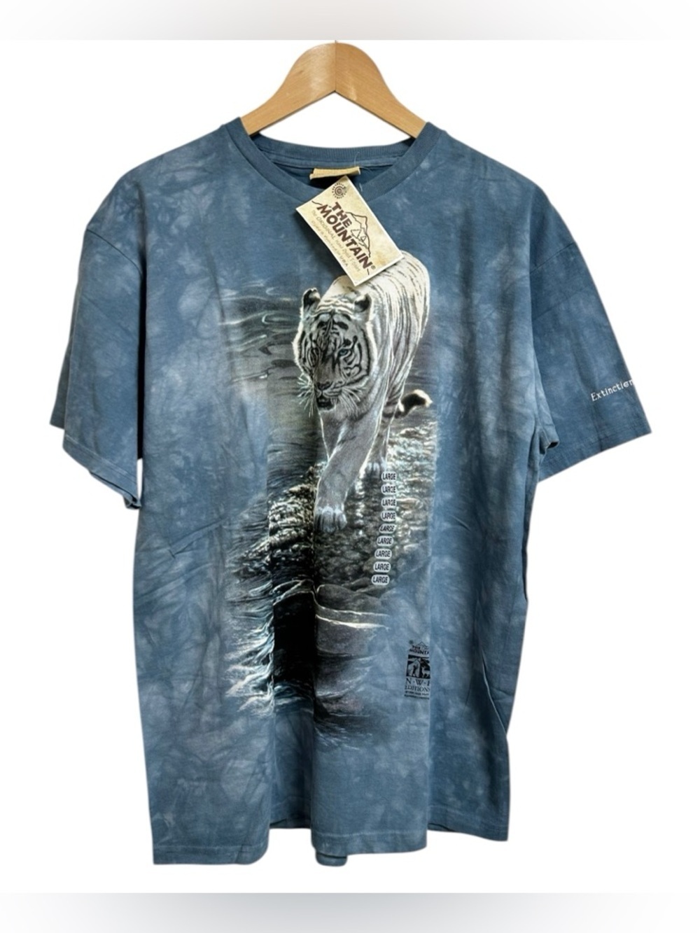 The Mountain 1999 White Tiger Short Sleeve Mens Blue Tie Dye Vintage Size L NWT